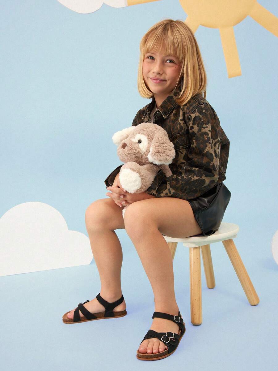 Mini mi #ComfortLite Kids' Triple-Buckle Cross-Strap Slingback Soft-Footbed Premium Faux Leather Black Sandals – Secure, Comfy & Ultra-Light - Black - View 1