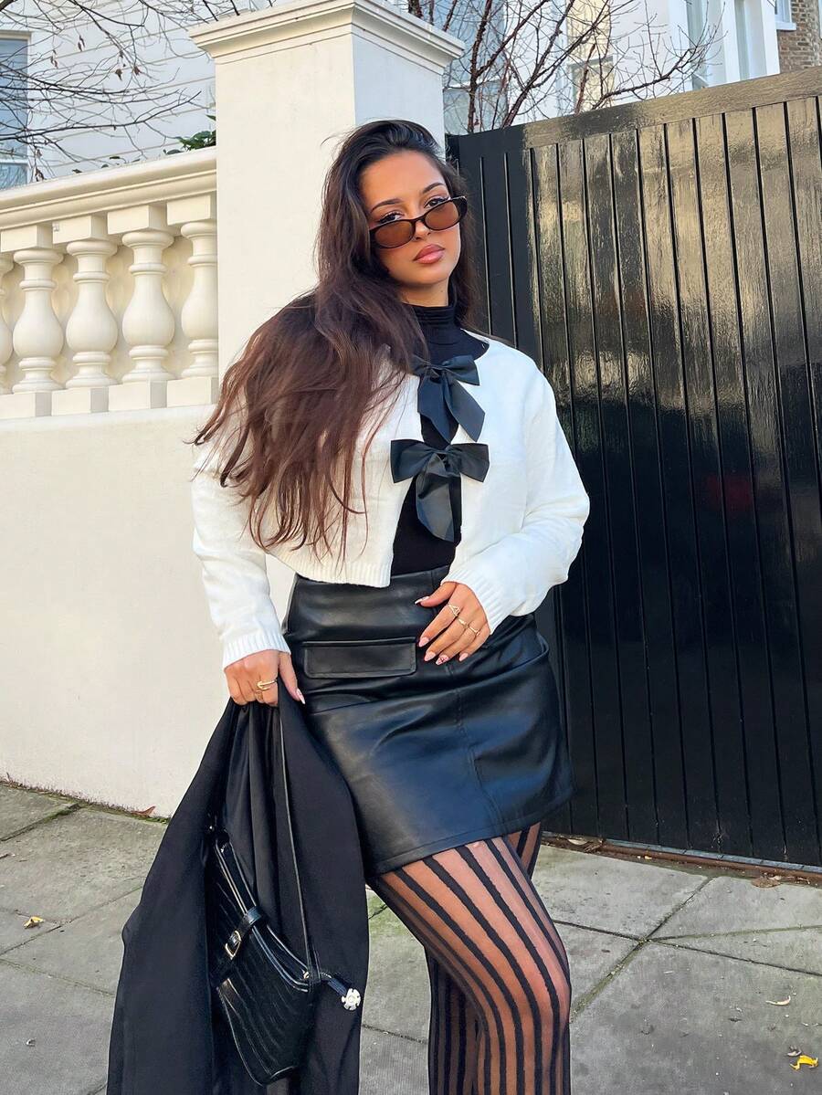 NegzBox Women's Autumn Winter Bowknot Tie Short Cardigan Sweater,Long Sleeve Tops - White - View 1