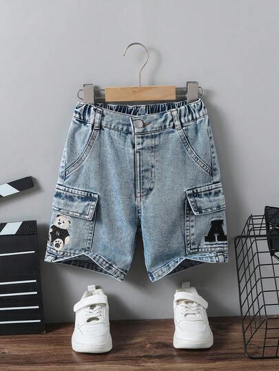 男童休闲宽松牛仔短裤，饰有可爱刺绣图案，浅蓝色水洗牛仔短裤，适合小男孩穿着，春夏新品