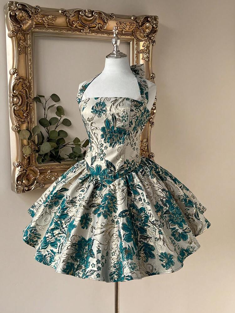 Lovelzi Robe élégante, romantique et à bretelles fines en tissu jacquard vert, coupe évasée. Convient pour les soirées élégantes, les tenues d'invitée de mariage, les fêtes entre célibataires, les bals de promo. - Vert - Voir 6
