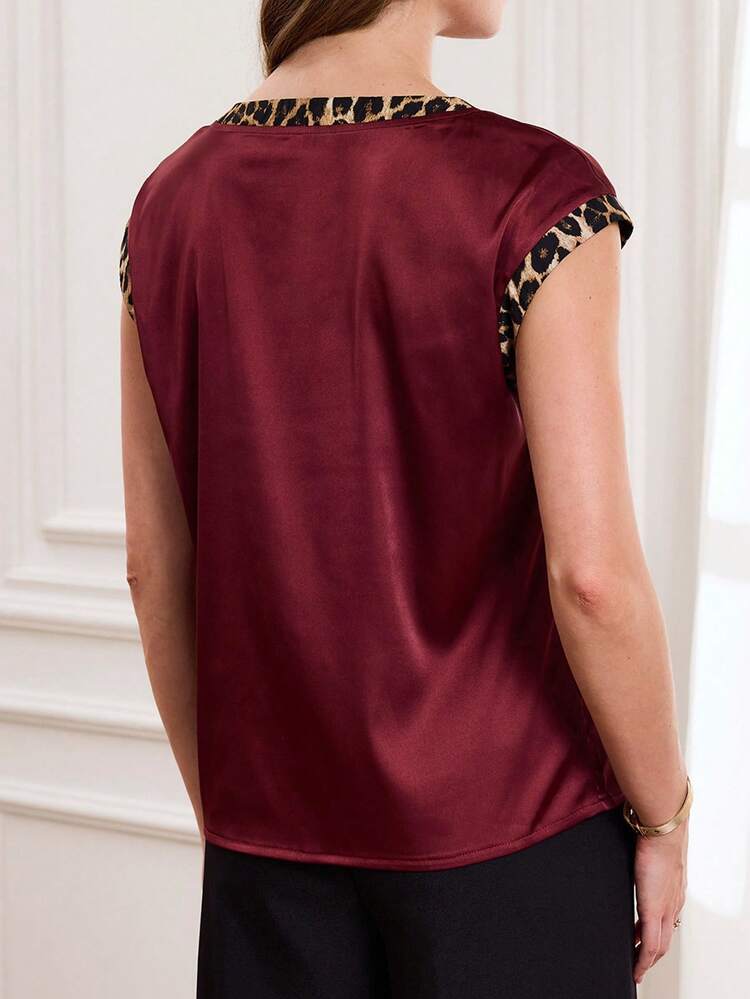 Elegant Women's Burgundy Blouse With Leopard Print Details,Summer Office Satin Top,Loose Fit Short Sleeve Fashionable Festive Shirt For Work