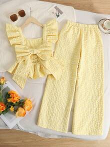 SHEIN 2pcs  رمضان Tween Girls' Casual Patchwork Contrast Color Ruffle Hem Shirt And Pants Set - Yellow - View 2