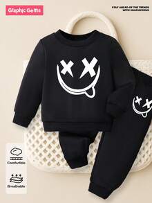 SHEIN Playful Pals 2件套婴儿/男童可爱图案黑色长袖圆领卫衣和裤子套装，适合秋冬季节，婴儿运动服套装，黑色运动套装，男童冬季服装，男童街头服饰套装，6个月-3岁男童运动服，男童街头服饰，男童服装，黑色运动服，男童秋季街头服饰