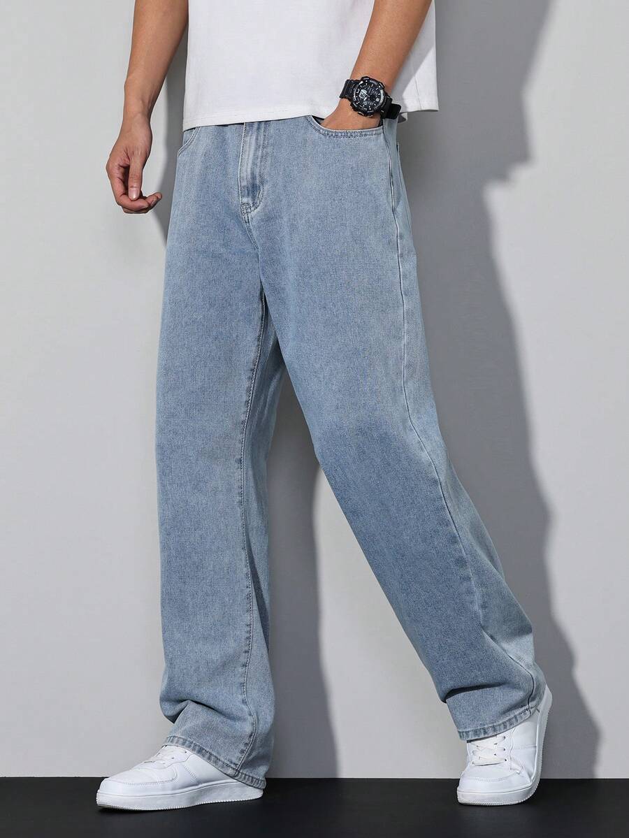 Manfinity Homme Loose Fit Men's Slant Pocket Straight Leg Jeans Mens Light Wash Wide Leg Jeans - Light Wash - View 1