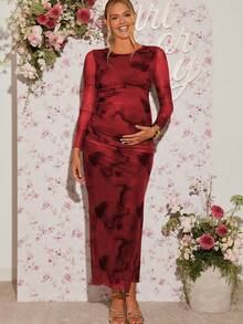 SHEIN Vestido de maternidad de moda con estampado floral, cuello redondo y manga larga - Burdeos - Ver 5