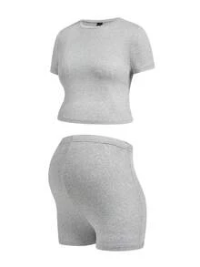 Modmama Setelan Kasual Ibu Hamil 3 Potong - Kaos Lengan Pendek Kerah Bulat dan Celana Pendek - MultiWarna - View 8