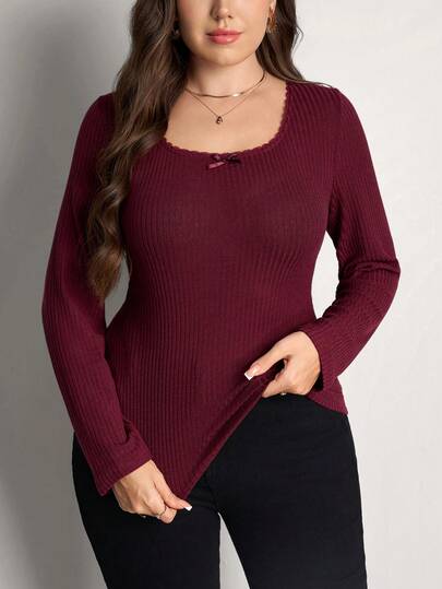 Comfylo Camiseta de manga larga casual y versátil con lazo decorativo para mujer de talla grande, color rojo, ideal para el Día de San Valentín, cumpleaños, color burdeos, atuendos de San Valentín para mujer, carnaval, fiesta de cumpleaños, salida, elegante, vacaciones, casual y elegante