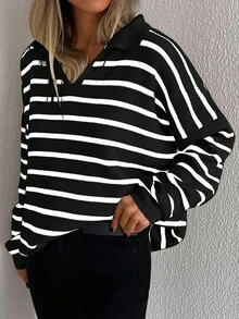 EURMUSE Striped Pattern Drop Shoulder Jumper - Black and White - View 3