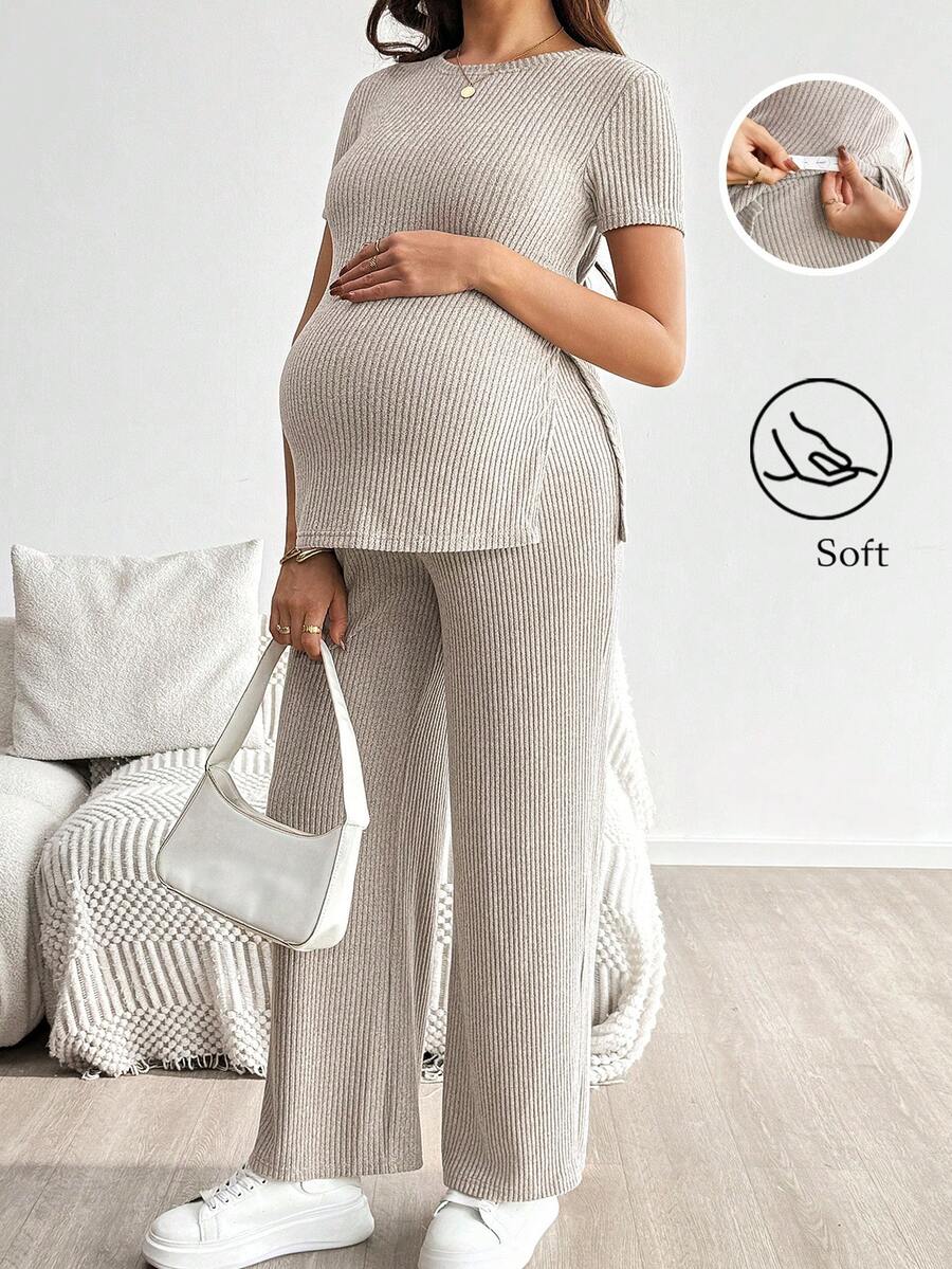 SHEIN 两件套孕妇休闲短袖上衣和裤子 - 卡其色 - 查看 1