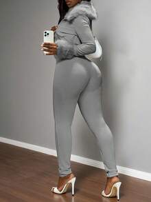 Slaydiva Women's Solid Color Ribbed Jumpsuit & Jacket 2 Pieces Set Grey Ribbed Jumpsuit Comfortable Jumpsuit - Grey - View 6