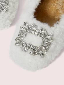 CUCCOO DOLLMOD 女士优雅水钻装饰泰迪绒可调节搭扣平底鞋，秋冬款 - 白色 - 查看 8