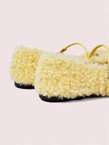 CUCCOO DOLLMOD 女士优雅水钻装饰泰迪绒可调节搭扣平底鞋，秋冬款 - 黃色 - 查看 9