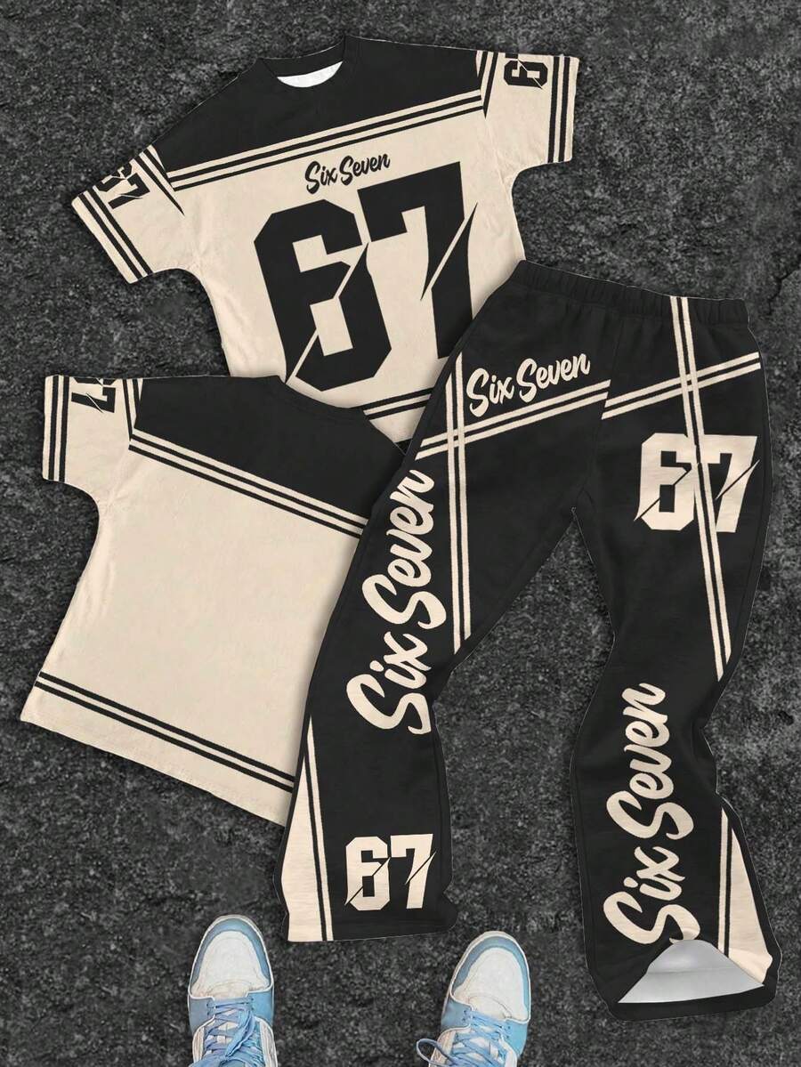 SHEIN Bộ 2 món cho bé trai tuổi teen: áo thun cổ tròn và quần ống loe, trang phục mùa hè thường ngày, phong cách đường phố hip-hop cổ điển với dòng chữ và hình in "6, 7, Six & Seven", kiểu dáng thể thao bóng chày, phong cách Y2K. - Nhiều màu - Xem 1
