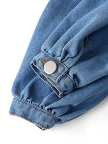 SHEIN 1pc Toddler Baby Girls Casual Cute Solid Blue Denim Jean Long Puff Sleeve Lapel Collar Button Down Ruffle Hem Tiered A-Line Shirt Dress Jacket Coat Shacket Vestidos Soft Clothes Outfits For Party Daily Spring Fall Baby Girl Denim Dress - Light Wash - View 4