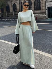 DAZY 2pcs Women Sage Green Autumn Casual Occasion Solid Color Long Sleeve Pullover Shirt And Elastic Waist Split Skirt Elegant Resort Outfit - Green - View 3