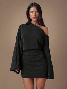 SHEIN BAE 女士14色纯色不对称肩部长袖迷你连衣裙 - 黑色 - 查看 4