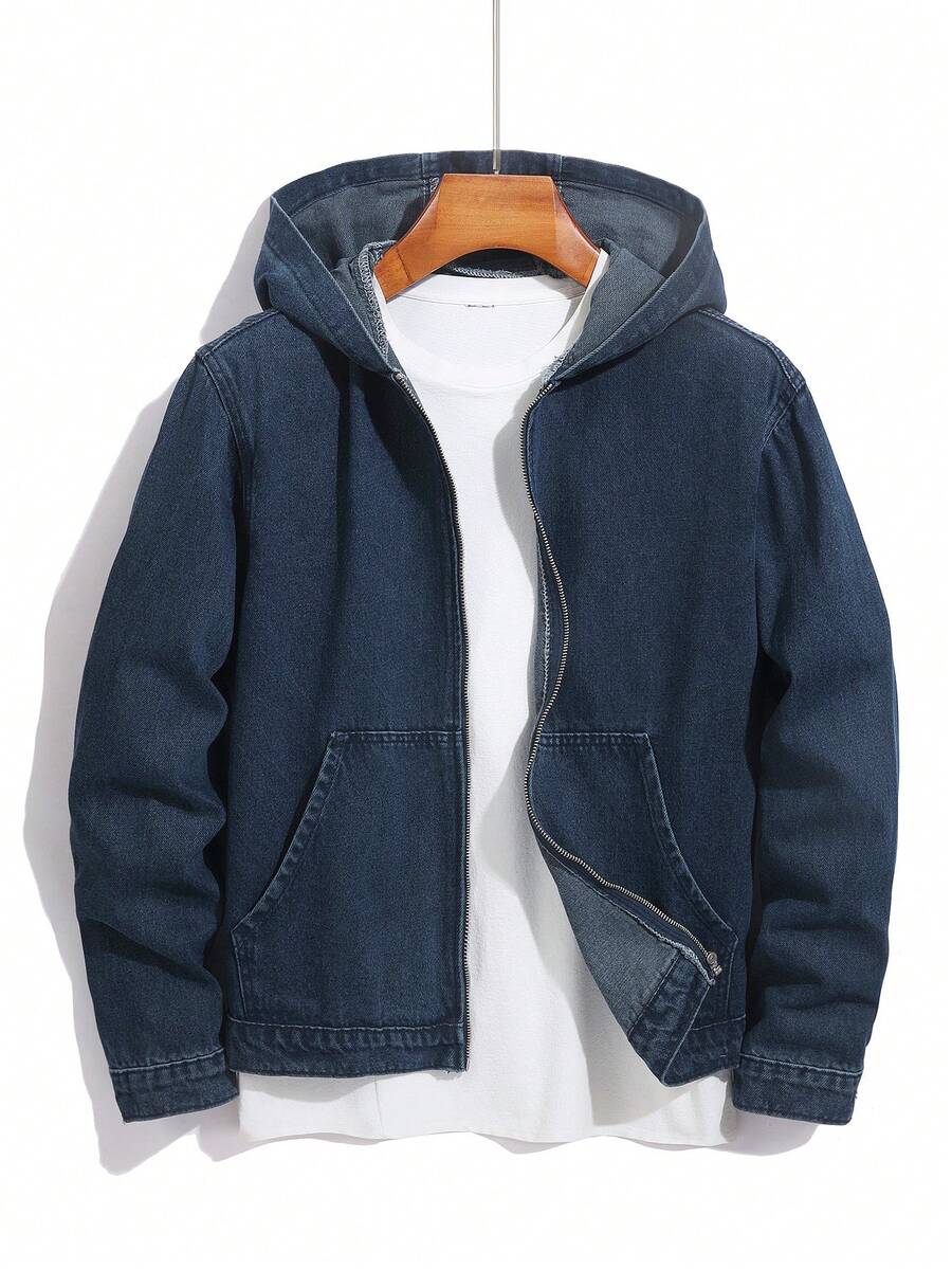Manfinity Homme 男士时尚拉链口袋连帽牛仔夹克 - 深色水洗藍 - 查看 1