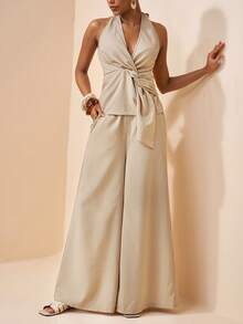 Zivah 2026春夏新款情人节、音乐节、复活节、西部风、游牧风、波西米亚风、纳什维尔派对、婚礼、晚宴、约会、聚会、生日、学院风、学生装、日常出行等场合皆宜的百搭基础款吊带露背扭结露背上衣+宽松阔腿裤，竹纤维面料卡其色两件套，春夏休闲度假女装 - 卡其色 - 查看 9