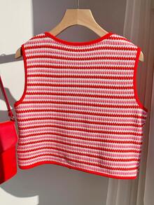 Comfortcana Red And White Striped,Summer,Cute,Date Women's Lightweight Vest Jacket With Bow Tie,Valentine's Day Waffle Stripe Knit Casual Elegant Y2k Top,Beach - Multicolor - View 2