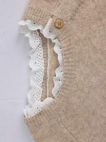 Franclia Women's Vintage Lace Collar Striped Raglan Sleeve Pullover Knit Sweater,Plus Size,Autumn,Beige,Elegant,Everyday Brown Modest Neutral Knitted Tops - Khaki - View 3