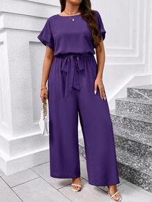 SHEIN Clasi Bộ áo liền quần cỡ lớn thanh lịch cổ tròn có thắt lưng và ống rộng. - Màu tím - Xem 7