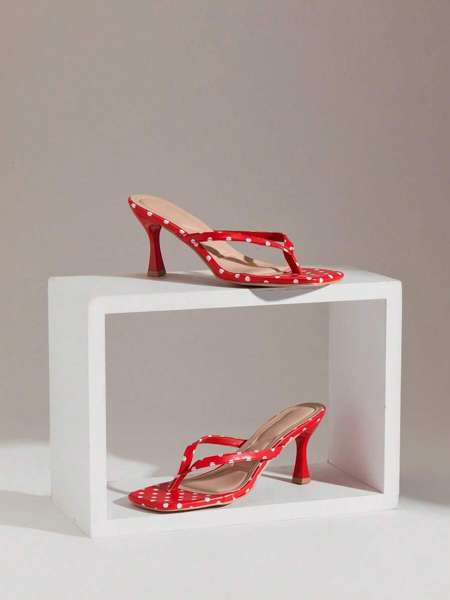 SHUZIA Women's Minimalist Fashion Comfy Dot Print Square Toe Stiletto Heel Thong Sandals Valentine's Day - Red - View 1