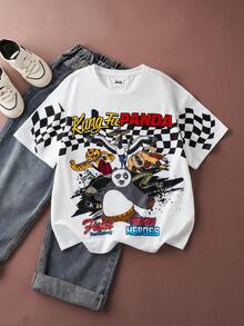 SHEIN Kung Fu Panda Tween Boy Casual Panda Print Round Neck Short Sleeve T-Shirt, Summer - White - View 1