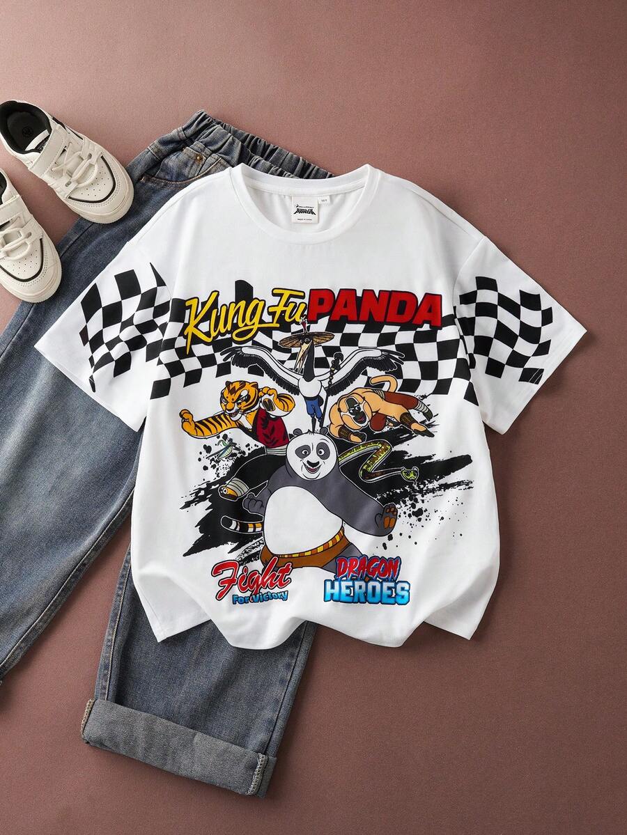 SHEIN Kung Fu Panda Tween Boy Casual Panda Print Round Neck Short Sleeve T-Shirt, Summer - White - View 1