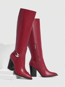CUCCOO SZL 女士尖头搭扣设计时尚优雅高跟过膝长靴 - 酒紅色 - 查看 4