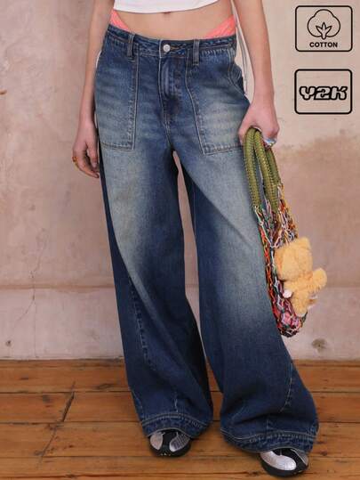 COUREZ 宽松牛仔裤，前口袋，缝线细节，蓝色水洗/女士夏季穿搭/Y2K/休闲/纯棉高街复古