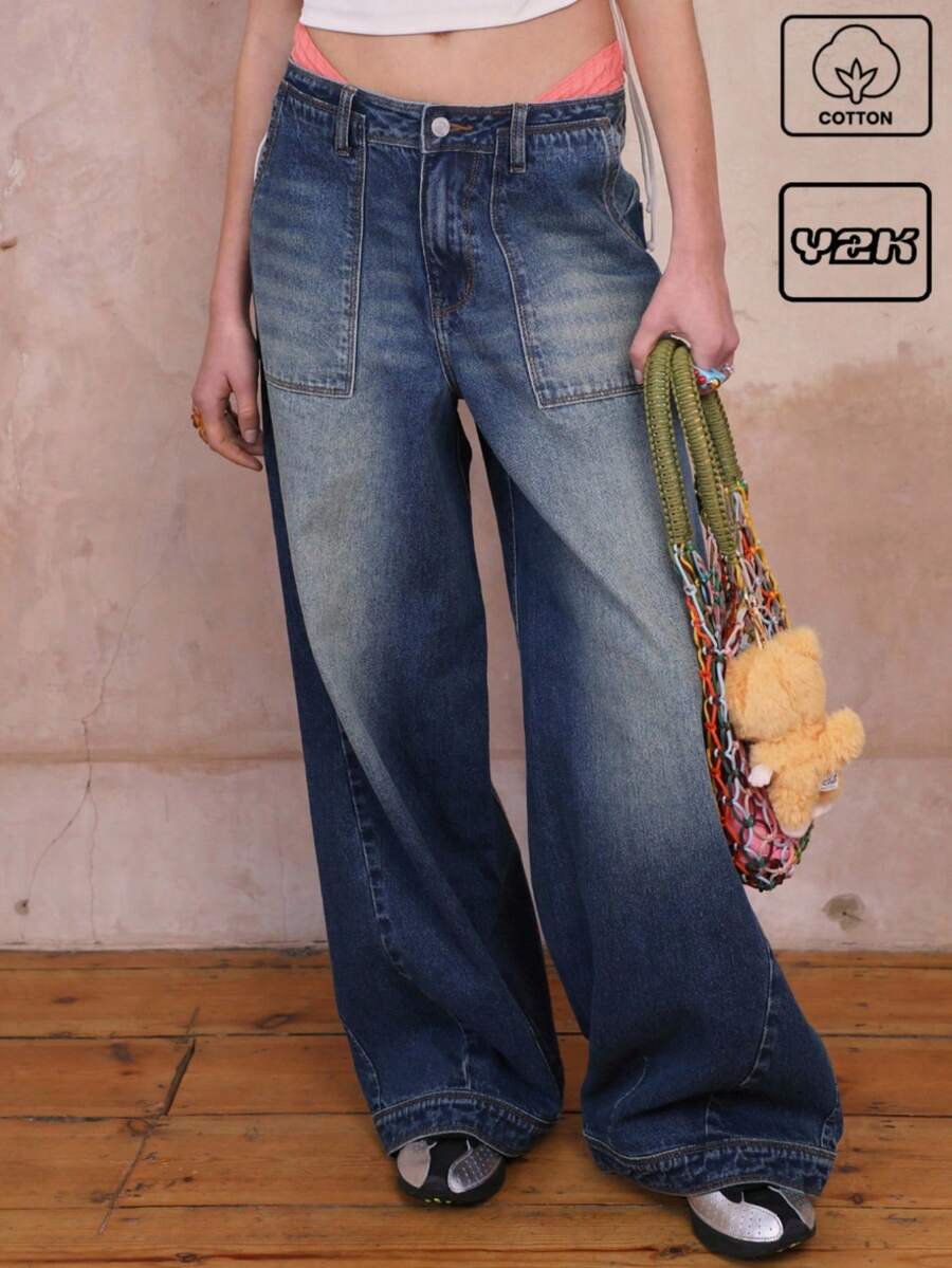 COUREZ 宽松牛仔裤，前口袋，缝线细节，蓝色水洗/女士夏季穿搭/Y2K/休闲/纯棉高街复古 - 藍色 - 查看 1