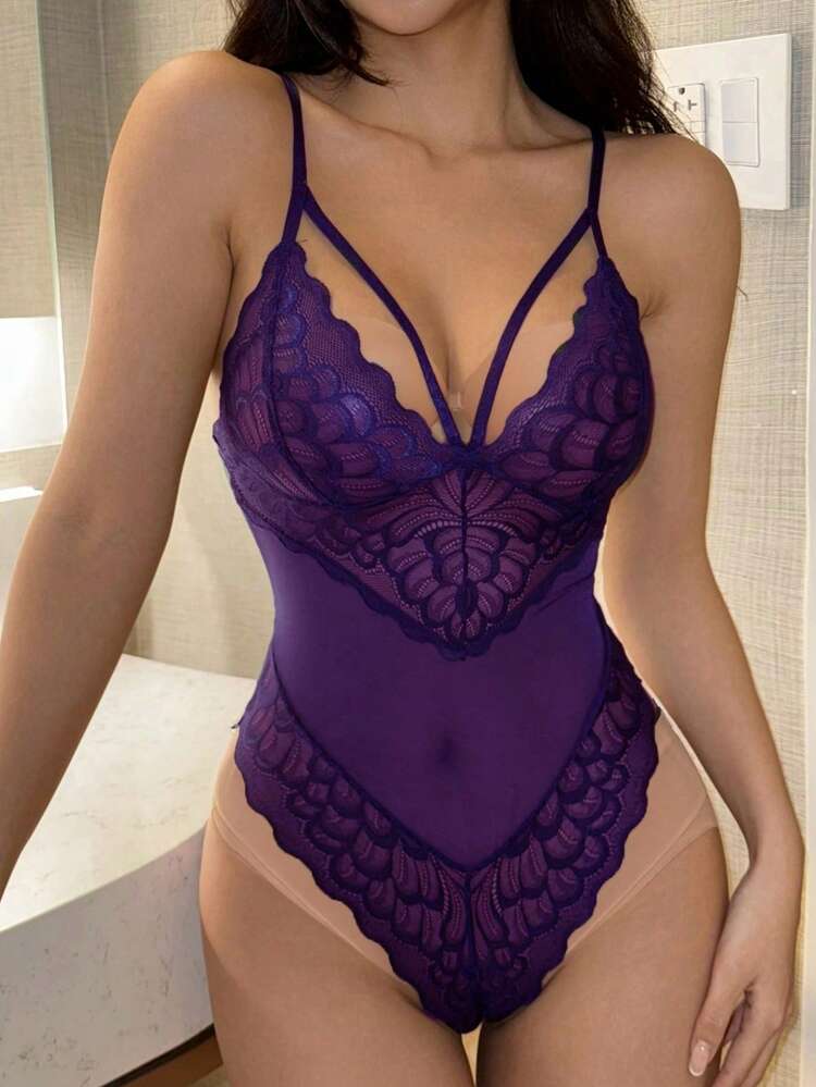 Lace Hollow-Out Backless Deep V-Neck Bodysuit For Women, Slim Fit & Sexy For Going Out Lingerie For Women