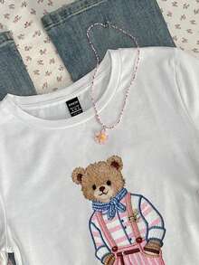 CovetEZ 女士休闲马卡龙粉色泰迪熊T恤，马卡龙粉色增添青春魅力！超显瘦颜色！可爱甜美的家居服，适合夏季穿着，女士舒适春夏服装，2026春夏女装系列 - 白色 - 查看 6