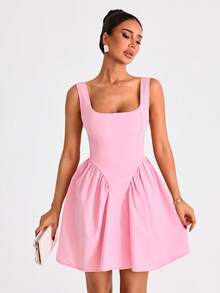 EURMUSE Pinterest 可爱女孩迷你连衣裙，方领上衣，无袖衬衫，少女风荷叶边，夏日时尚，日间女性化，天然棉质面料，系列 - 淺粉色 - 查看 3