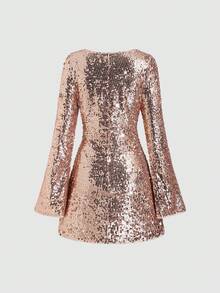 Sweetra 女士圣诞派对亮片连衣裙，闪亮连衣裙，新年装扮，适合春季、秋季、冬季、派对、通勤、日常、旅行、度假，粉色腰部喇叭长袖A字短裙 - 杏色 - 查看 2