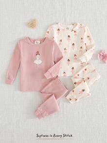 4pcs Baby Girl Snug Fit Pajama Set, Ballet Girl Pattern Knit Soft Crew Neck Long Sleeve Top And Elastic Waist Long Pants Cozy Pixies Baby Set Bamboo Baby Pajamas Baby Sleep Wear Baby Girl Pajamas - Multicolor - View 3