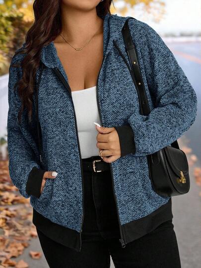 SHEIN LUNE Plus Size Women Autumn Drop Shoulder Zip Front Casual Hooded Jacket Fall Clothes Plus Size Plus Size Cardigan Plus Size Jacket Plus Size Blazer For Women Plus Size Sweater/Winter Women's Plus Size Jacket