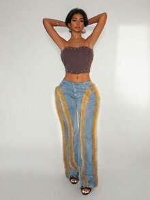 Jeanoix 女士仿毛皮撞色喇叭牛仔裤 - 淺色水洗藍 - 查看 6