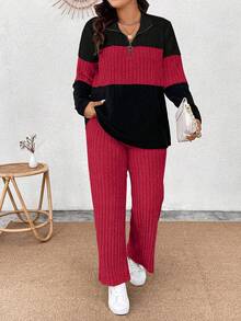 EMERY ROSE Bộ đồ 2 mảnh cỡ lớn gồm áo thun dài tay cổ bẻ có khóa kéo trang trí, chất liệu mềm mại, phối màu và quần dài mềm mại, kiểu dáng thường ngày. - Nhiều màu - Xem 3