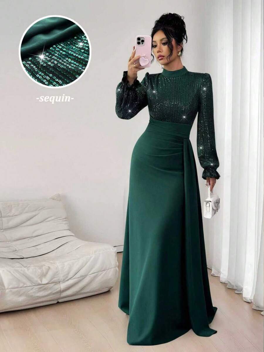 SHEIN Elenzya 女士优雅亮片装饰长袖收腰连衣裙，适合宴会、派对、婚礼宾客、新年、圣诞节等场合。 - 墨綠色 - 查看 1