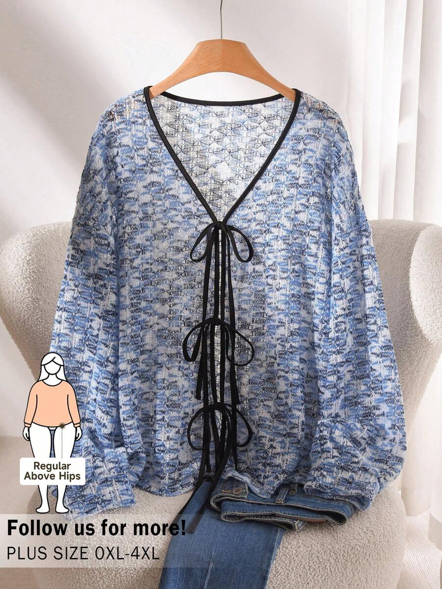 CosyJoli Áo len dệt kim màu trơn cỡ lớn cho nữ, thiết kế nơ phía trước, thích hợp mặc thường ngày, mặc ở nhà, mặc đi học, mặc thu/đông - Màu xanh lam - Xem 1