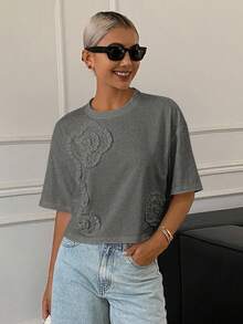 DAZY 女士休闲褶皱印花宽松短袖圆领露脐T恤，夏季 - 深灰色 - 查看 4