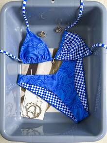 Swim Mod 2022 Spring/Summer Vacation Beach Blue Shell & Starfish Checkered Cute Bikini Set - Blue - View 6