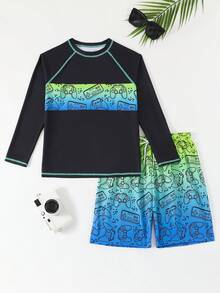 Boys Rash Guard Set For Boys 2 Pieces Swimsuits Colorful Game Console Long Sleeves Bathing Suits With Trunks Quick Dry Swim Shirts Summer Vacation Thermal Christmas Holiday Festival New Years Valentines Swim Teen Rash Guard Teen Boys Swim Shirt Boys Long Sleeve Swim Boys Rash Guard Top - Black - View 3