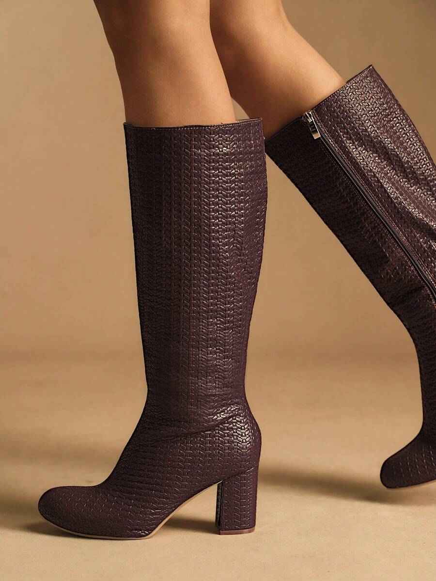 Rosivie Women's Fashion Versatile Commute Chunky High Heel Knee-High Boots Valentine's Day - Brown - View 1