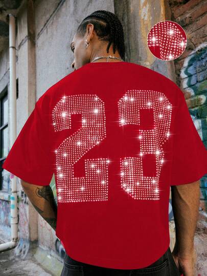PAVTROS Men's Streetwear Style, Oversized Short Sleeve Crew Neck T-Shirt, Luxury Sparkling Diamond Design, Minimalist Number 23 Pattern, Filled With Modern, Technological, Luxury Streetwear Vibe, Suitable For Casual Occasions, Parties, Outdoor Sports, Daily Matching, Holiday Gifts, Unisex Red Y2k Shirt Y2k Tee Y2k Streetwear Y2k Clothes Men T Shirts