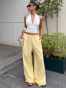 Muchica 女士宽松亚麻拼接休闲裤，浅黄色，春夏款 - 黃色 - 查看 5