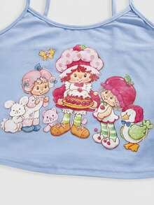 Strawberry Shortcake | ROMWE Women's Cute Cartoon Print Fitted Cropped Camisole Top, Summer - Baby Blue - View 2
