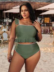 Swim Vcay 加大码两件套荷叶边方领吊带泳衣，复古军绿色显瘦度假泳装 - 軍綠色 - 查看 3