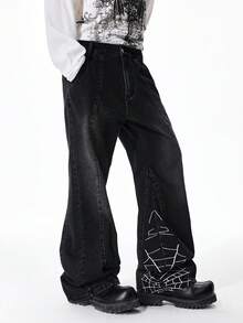 ROMWE MEN Men's Casual Denim Jeans With Spider Web Print - Black - View 6